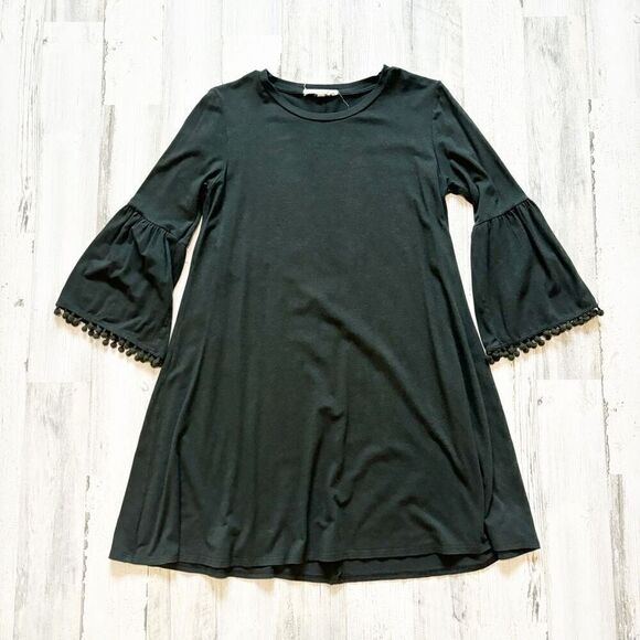 Johnny Was Calme Flute Sleeve with Pom Pom Trim Swing Dress Olive Green XS - Picture 2 of 5